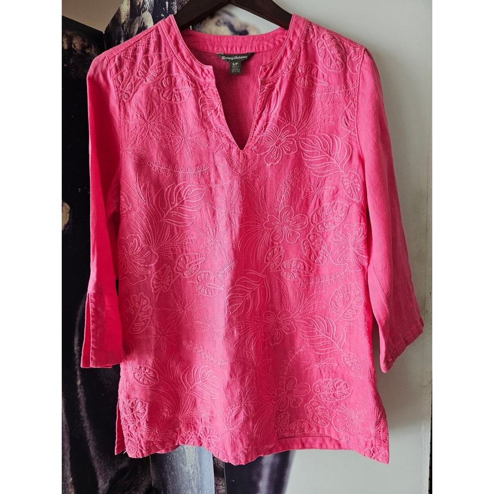 Tommy Bahama Womens Pink 100% Linen‎ Floral Embroidered Split V-Neck Tunic Top S